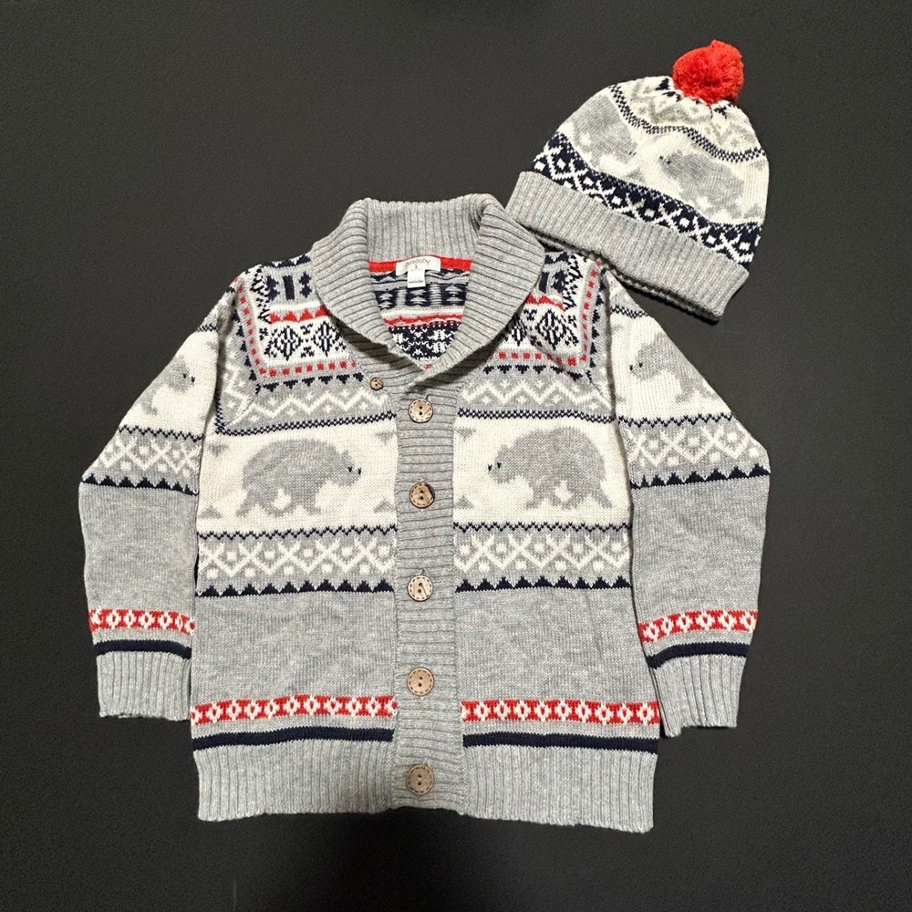 Purebaby Kids Sweater & Beanie Set – Polar Bear Nordic Knit, Size 3 & M-L